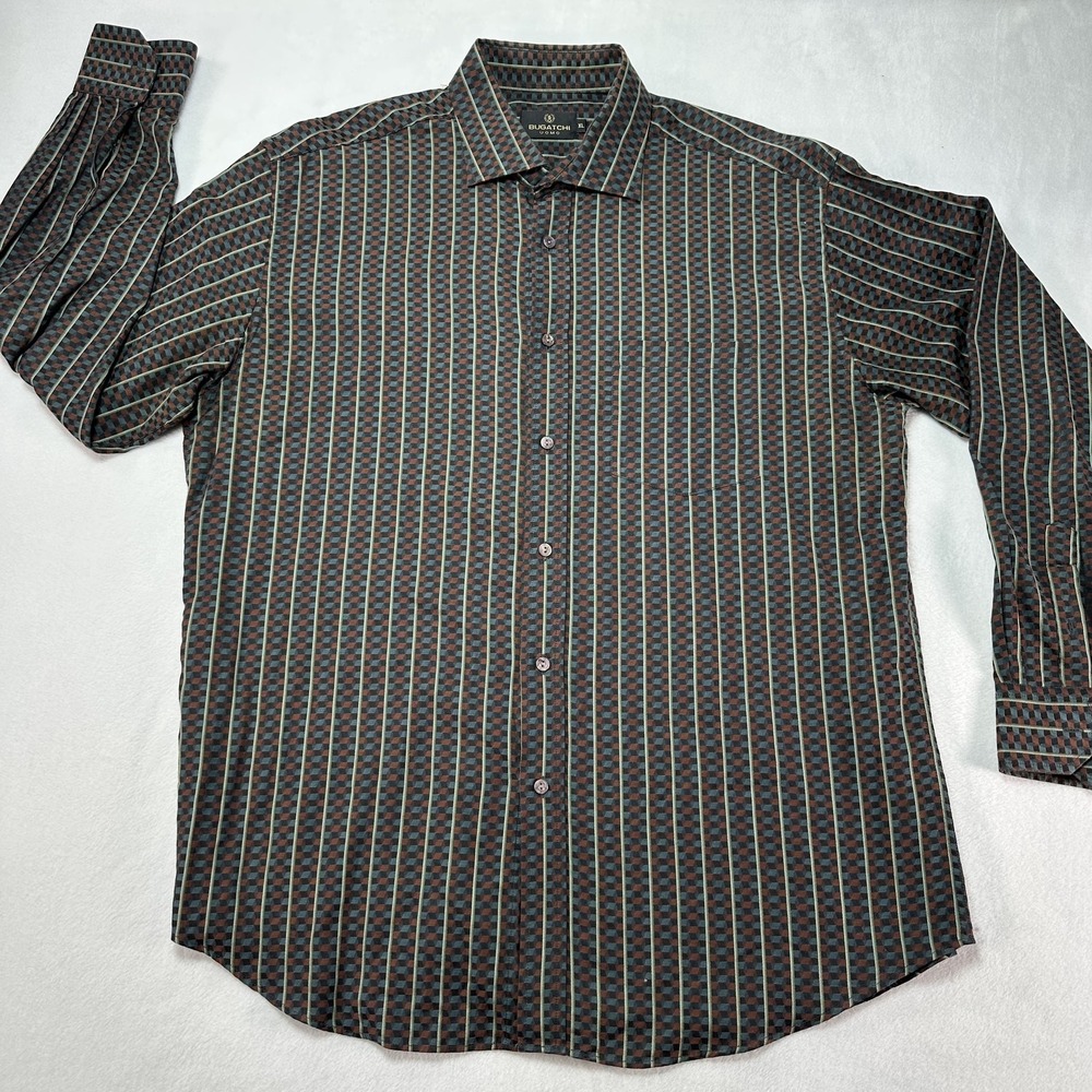 Bugatchi Uomo Shirt Men's XL Brown Blue Geometric Stripe Button Up Pocket Cotton